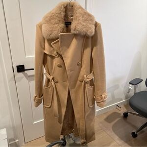 Tan Double-Breasted Coat with Faux Fur Collar BeBe